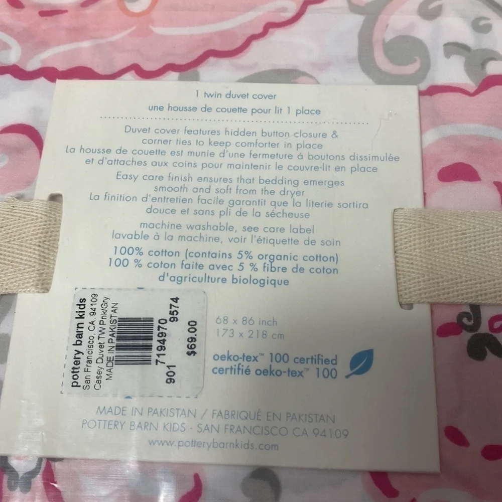 Pottery Barn Kids Casey pink twin duvet cover NWT